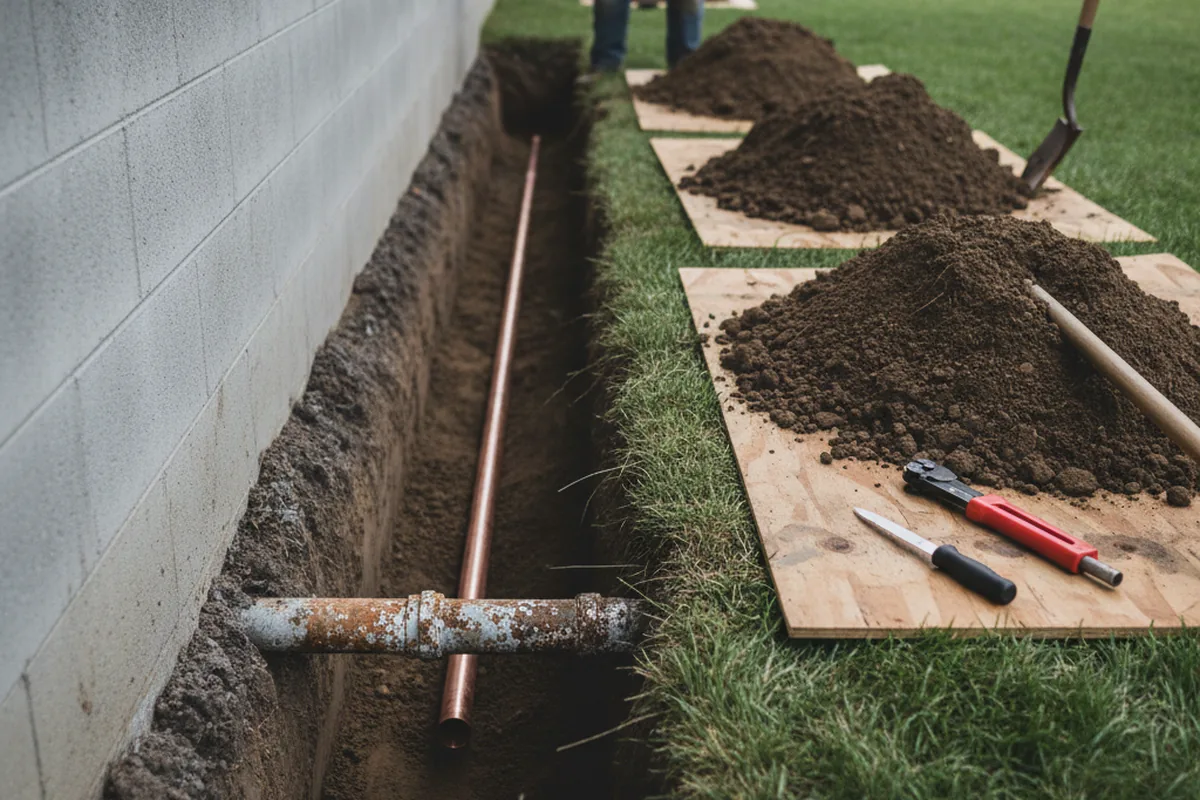 Excavated water line trench during Water Softener Installation in Clune